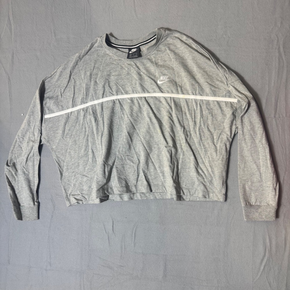 Nike Sportswear Womens XXL Gray White Stripe‎ Cropped Long Sleeve Boxy Top Logo